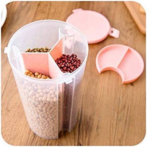 Picture of 3 IN 1 FOOD CONTAINER Food Container 3 in 1 Transparent Plastic Lock Food Storage Airtight Container Jar for Cereals Snacks Pulses 3 Section 1500 ml Grocery Fridge Container
